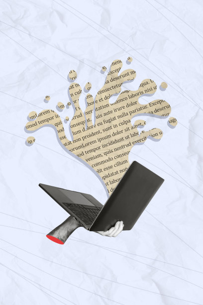 垂直创意照片插图合成拼贴，手持笔记本电脑阅读新闻文章流，背景色彩丰富。图片下载