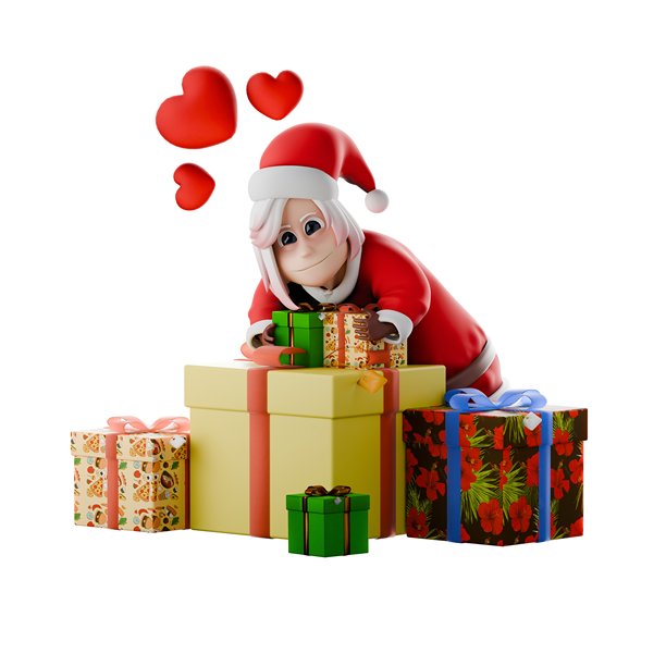 卡通女孩圣诞老人艺术风格。一位女性圣诞老人大师在一堆礼物面前鞠躬，同时双手托着礼物。3D设计插图图片下载