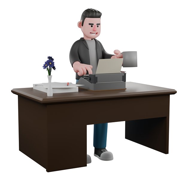 卡通3D艺术模型。一位男性编剧站在桌子后面，一只手在打字机上打字，另一只手拿着一杯酒。卡通插画艺术图片下载
