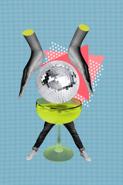 垂直照片拼贴，匿名男子与鸡尾酒杯、马提尼饮料、迪斯科球，放松派对，背景为涂鸦风格。图片下载