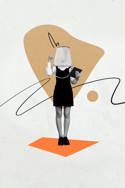 垂直照片拼贴，匿名女孩用食指指向金属桶作为头部，手持书本，表现出文盲，背景为涂鸦风格。图片下载