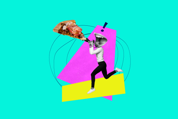 合成照片拼贴，匿名女孩在画背景上奔跑，嘴里咬着相机，手里拿着披萨，咖啡馆的片段。图片下载