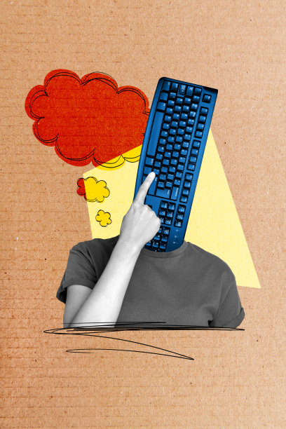 无头人物在键盘上思考的复合趋势艺术作品草图照片拼贴，手势手指指向触摸科技的云朵。图片下载