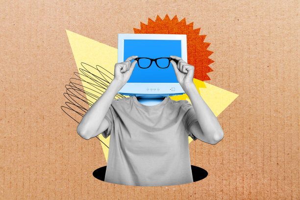 无头年轻女性的复合趋势艺术作品，3D草图照片拼贴，学生戴着眼镜，出现在电脑显示器的数字用户孔中。图片下载