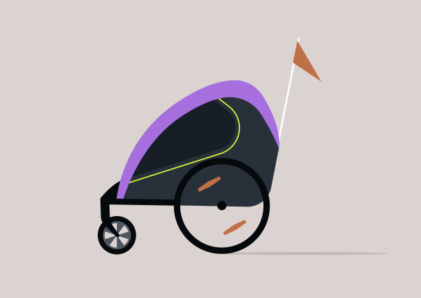 创新的自行车拖车展示了一个生动的紫色遮阳篷和现代黑色框架，旨在为繁忙的城市景观和公园环境提供舒适和便捷的推车设计。图片下载