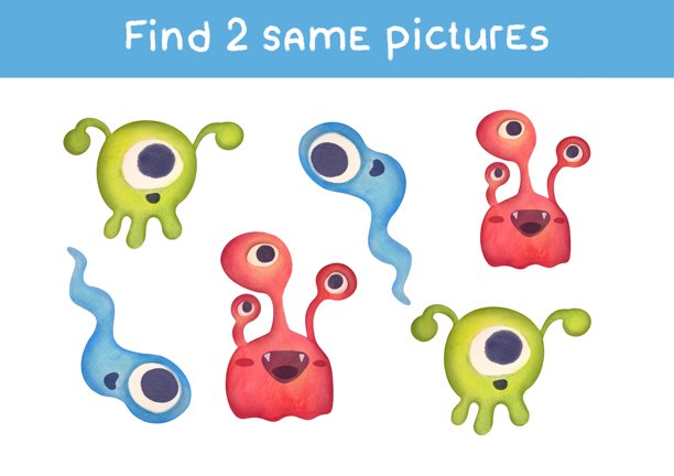 卡通搞笑外星人。找出两张相同的图片。儿童教育游戏。图片下载