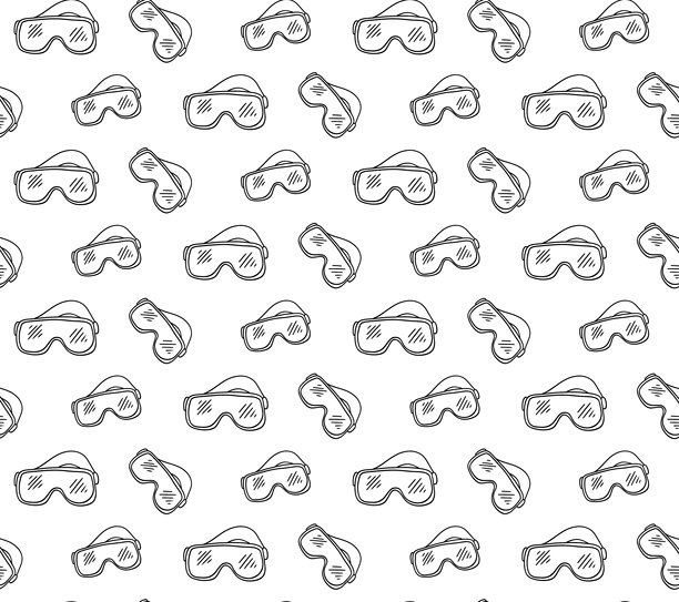 滑雪板、滑雪护目镜、滑雪太阳镜的无缝图案。图形线条插图中山坡的倒影在眼镜中。无缝背景。图片下载