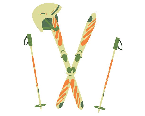 黄色、橙色和绿色的滑雪板、滑雪杖和头盔套件，孤立在白色背景上。手绘矢量插图，扁平风格。冬季山地运动装备。贴纸设计，绘图。图片下载