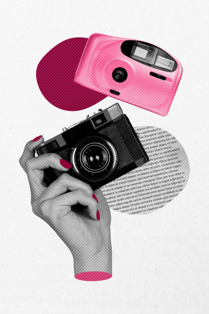 手持复古相机的旅游拍摄纵向照片拼贴，捕捉瞬间，背景为涂鸦风格。图片下载