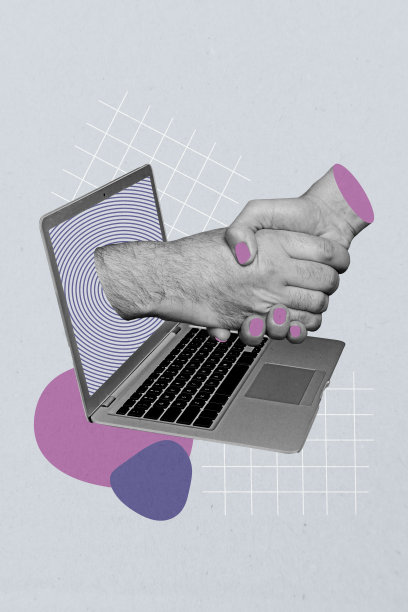 两只手的垂直照片拼贴，商业伙伴远程合作，窥视笔记本电脑屏幕，爱意在隔离的彩色背景中流露。图片下载