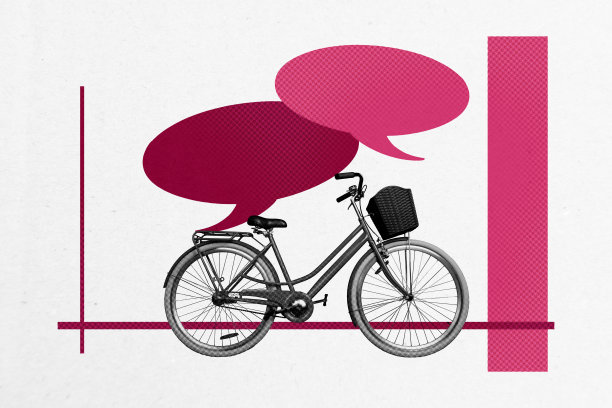 复古自行车运输配送服务的拼贴照片，带有气泡沟通对话，背景为涂鸦风格。图片下载