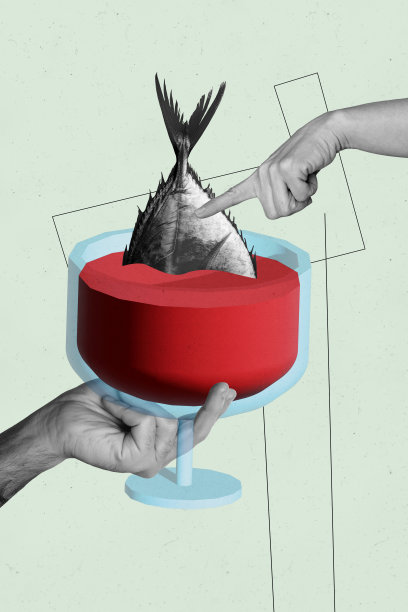 合成素描设计艺术作品 3D 照片拼贴，隐秘手握玻璃鸡尾酒，鱼尾，吃食物，手指指向触碰图片下载