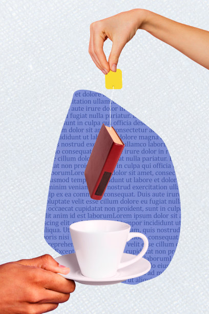 手握咖啡杯、茶包、书籍的垂直照片拼贴，象征教育与知识，茶会饮品，图书馆，背景为涂鸦风格。图片下载