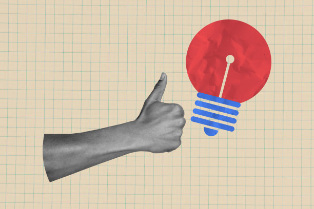 手势合成照片拼贴，展示拇指向上的手势、灯泡、电力、创意、寻找计划，背景为涂鸦风格。图片下载