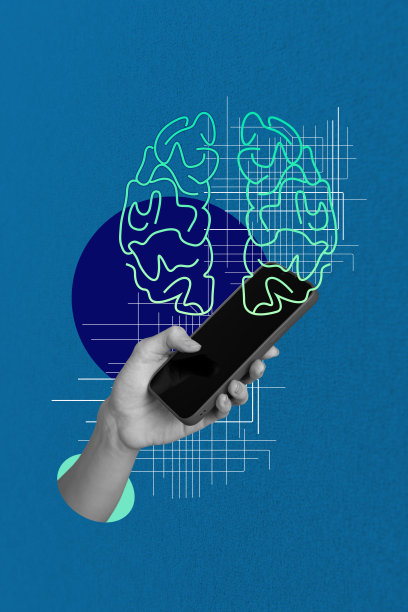垂直照片拼贴，手持手机设备，人工智能大脑器官，软件应用，GPT聊天，背景为涂鸦风格。图片下载