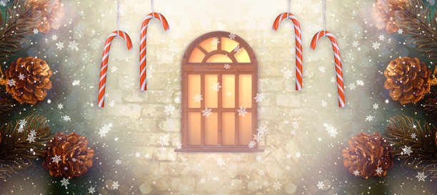 圣诞照片区背景，带有小屋窗户、糖果棒、松树枝和松果。新年冬季假日幻想温馨概念，雪白的童话横幅，神秘魔幻的卡片。图片下载
