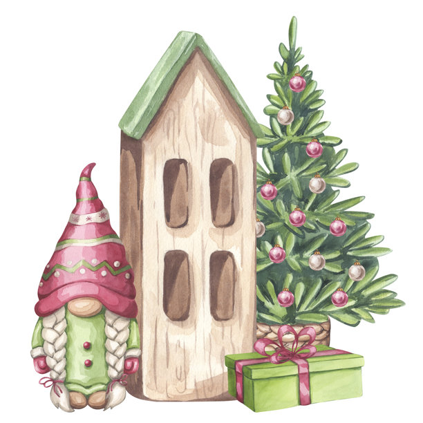 红帽子绿裙子扎着双马尾的侏儒女孩。圣诞树、木屋、礼品盒。斯堪的纳维亚角色的新年。手绘水彩插图，背景独立。圣诞贺卡。图片下载
