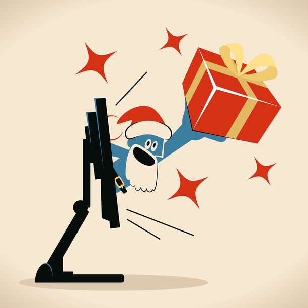 圣诞快乐，新年问候，微笑着送礼物的蓝色圣诞老人从电脑显示器里出来图片下载