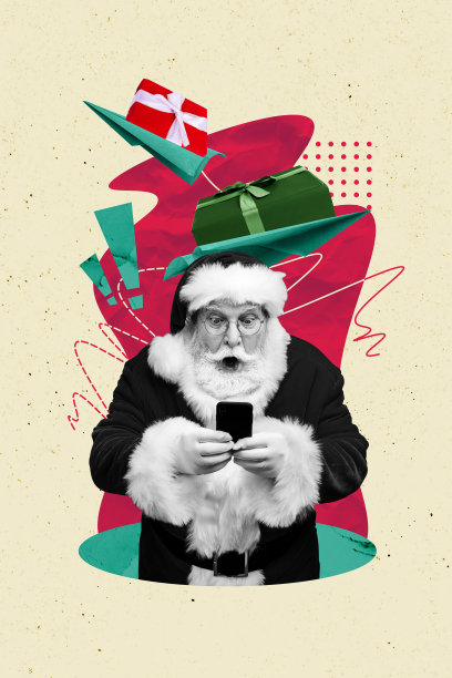 圣诞季节、十二月、新年假期的复合素描设计艺术作品，3D照片拼贴，震惊的面孔，年长者手持手机阅读新闻。图片下载