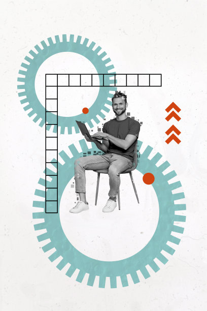 趋势艺术作品复合横幅 3D 照片拼贴，分析图形、目标、商业、齿轮，年轻黑客坐在椅子上使用笔记本电脑图片下载