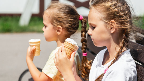 快乐的孩子们在户外一起吃冰淇淋。照片中快乐的女孩们坐在长椅上，面带微笑地看向镜头。图片下载