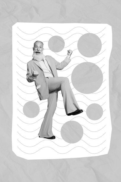 老年男子穿着橙色时尚复古派对邀请服装，举起拳头的拼贴照片横幅，背景为米色。图片下载