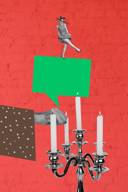 当代艺术竖版照片，快乐女孩跳舞，气泡对话，烛台灯光装饰，红色背景下的新年假期拼贴画图片下载