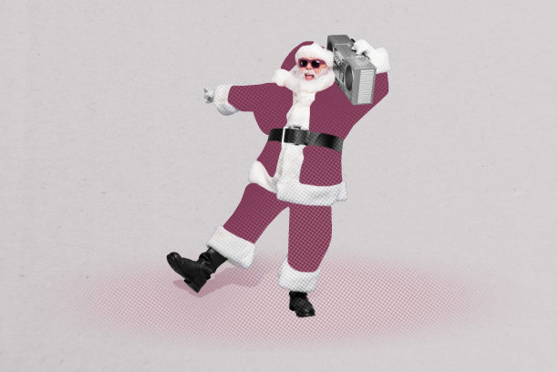 快乐的老年圣诞老人手持复古音响，庆祝新年派对的合成照片拼贴，背景为涂鸦风格。图片下载