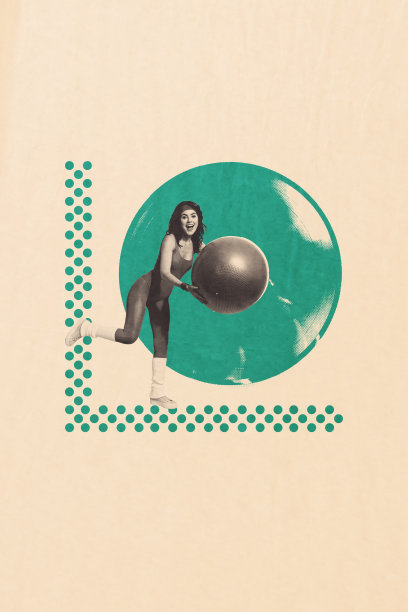 垂直照片拼贴，快乐的女运动员手持健身球，进行普拉提复古活动，健身教练运动员，背景为涂鸦风格。图片下载