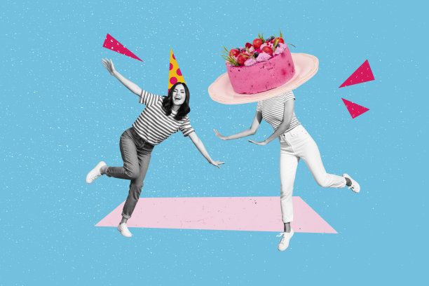 创意照片海报趋势艺术拼贴图，两个快乐女孩的无头生日蛋糕庆祝明信片，节日活动帽子图片下载