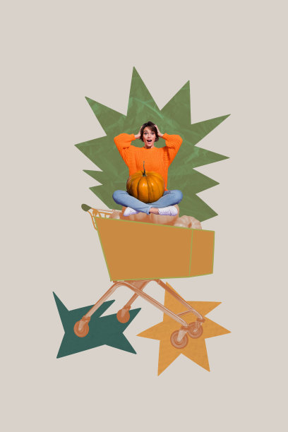 惊讶女孩坐在购物车里的垂直照片拼贴，黑色星期五南瓜秋季丰收促销万圣节，背景为涂鸦风格。图片下载