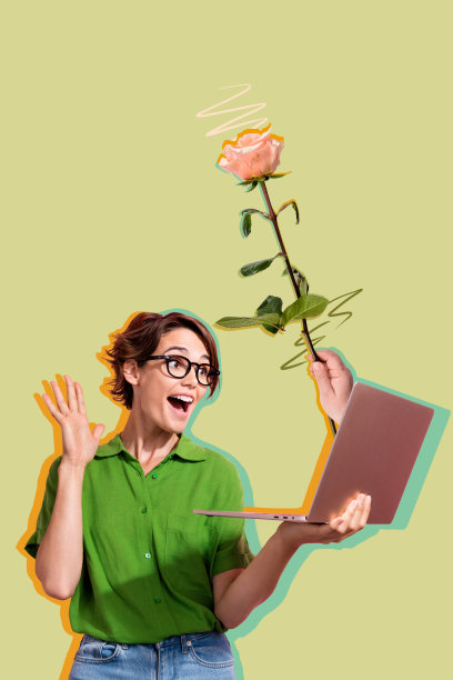 垂直照片拼贴，快乐女孩挥手问候，手持笔记本电脑，手臂探出，拿着玫瑰，进行视频通话，背景为涂鸦风格。图片下载