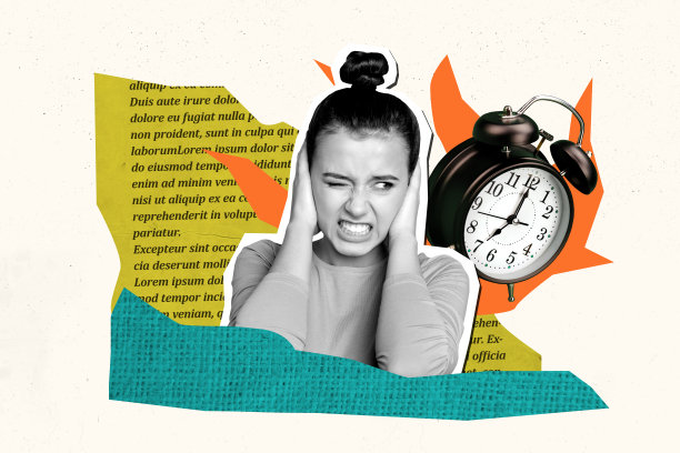 商务女性的拼贴照片，闹钟、截止日期、压力、问题、紧张等元素，背景为涂鸦风格。图片下载
