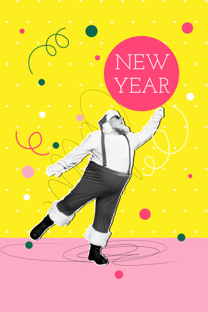 创意竖版拼贴艺术照片，严肃的老年圣诞老人穿着肥胖的新年装饰，庆祝圣诞活动中的五彩纸屑。图片下载