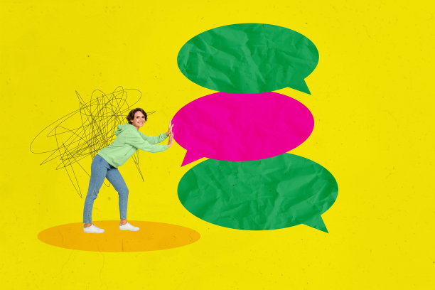 快乐女孩的拼贴照片，推着五彩斑斓的文本框交流气泡，聊天信息，背景为涂鸦风格。图片下载