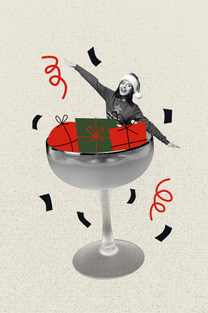 时尚艺术竖版照片，快乐女孩透过香槟杯、礼物盒，祝酒迎接新年，背景是白色的彩球和五彩纸屑。图片下载