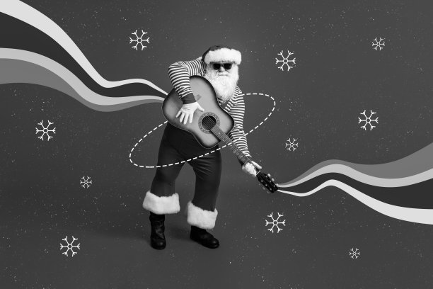 创意照片拼贴插图，圣诞老人弹吉他，可口可乐饮料广告宣传海报，背景为红色。图片下载