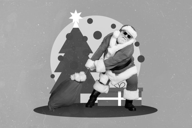 创意照片3D拼贴艺术明信片海报宣传册，持久的圣诞老人背负许多礼物，背景为绘画风格。图片下载