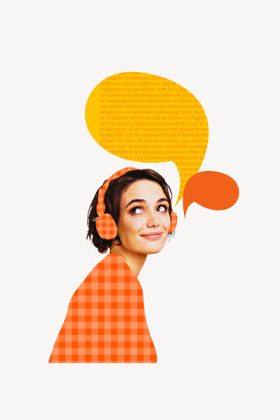 学生年轻女性肖像的复合素描设计艺术作品，佩戴耳机，使用数字设备进行通话，听音乐的3D照片拼贴。图片下载