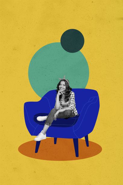 垂直照片拼贴，快乐女孩坐在家中扶手椅上，室内购买公寓新家具，背景为涂鸦风格。图片下载