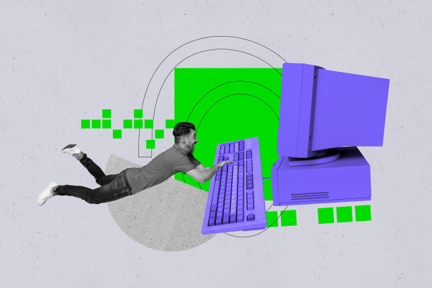 年轻男子悬浮在旧电脑显示器前的复合趋势艺术草图照片拼贴，留白空间，办公室经理图片下载