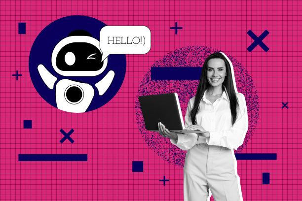 创意照片海报趋势艺术拼贴，快乐女孩手持笔记本电脑，网络科技，GPT机器人，问候图标，网页AI软件图片下载