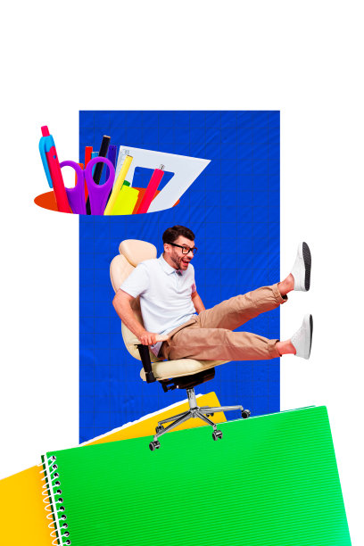 趋势模板草图设计 3D 照片拼贴，年轻男学生坐在扶手椅上，保持平衡，周围有大学用品、笔记本、钢笔和剪刀。图片下载