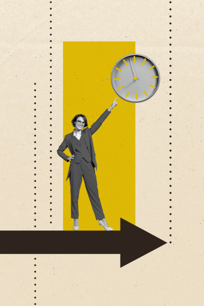 快乐女商人指着闹钟，时间管理制度箭头发展的垂直照片拼贴，背景为涂鸦风格。图片下载