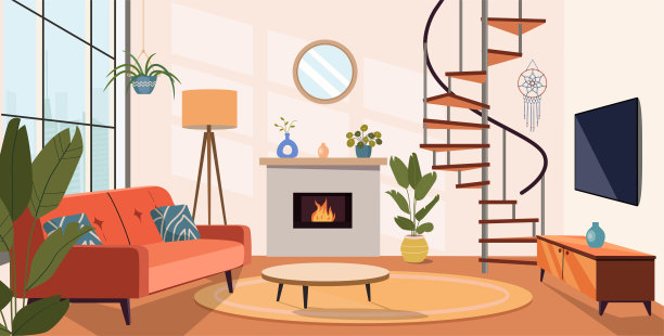 客厅室内。舒适的沙发、窗户、壁炉、螺旋楼梯和室内植物。矢量平面卡通插图图片下载
