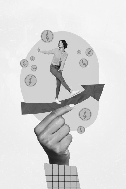 年轻女性手握商业增长的创意3D拼贴艺术明信片海报图片，背景为绘画风格。图片下载