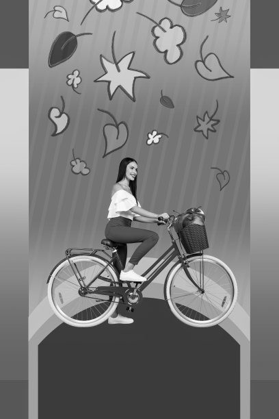 年轻运动女性的拼贴照片，爱好骑自行车，车篮里装着苹果和维生素，秋季节食，落叶，背景为蓝色。图片下载