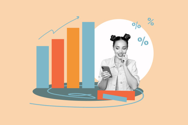 快乐的商务女孩手持手机，百分比图标和箭头发展图表成功的拼贴照片，背景为涂鸦风格。图片下载