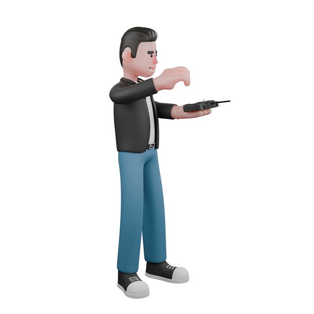 创意卡通摄影师角色，3D效果。一个男性摄影师左手握着无人机遥控器，右手似乎想要操作它。插画艺术图片下载