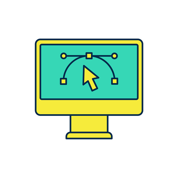 填充轮廓的计算机显示器，带有矢量设计程序图标，背景为白色。带有用户界面的照片编辑软件。矢量图。图片下载